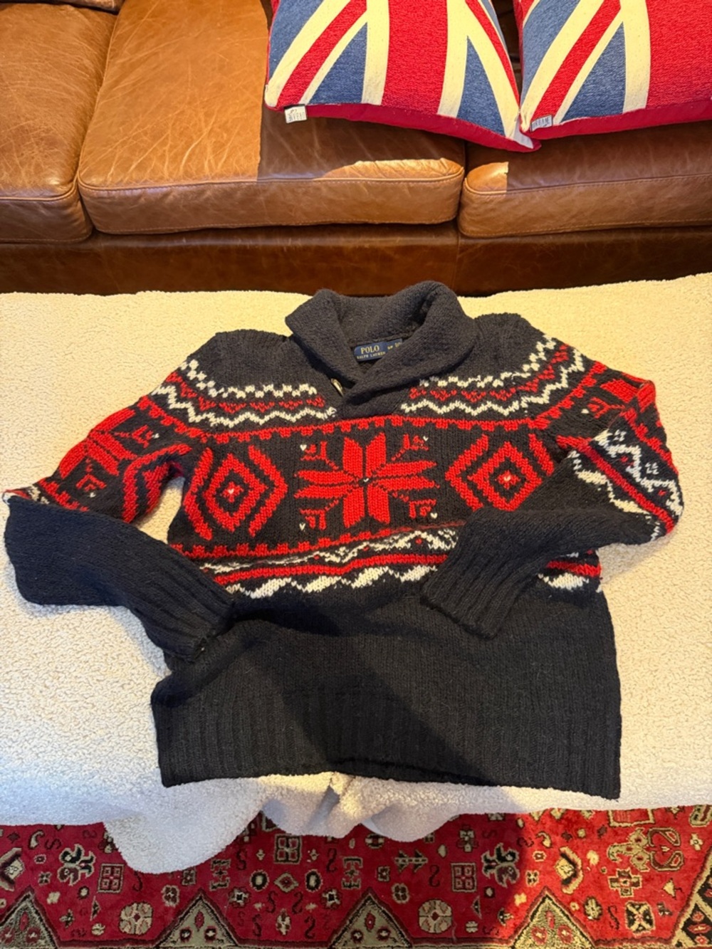 Polo by Ralph Lauren Black and Red Fair Isle Shawl Collar Sweater